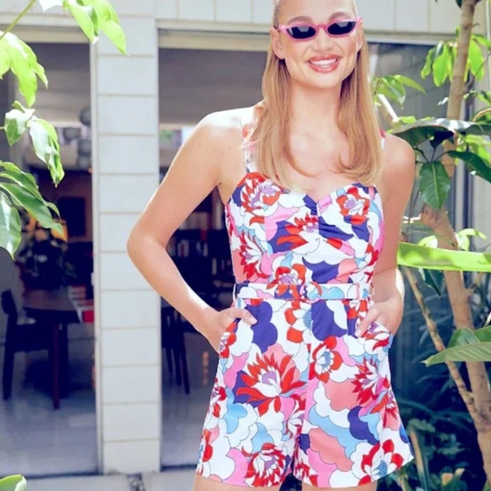Modcloth Barbie collab floral Romper in Red, Blue, and Pink